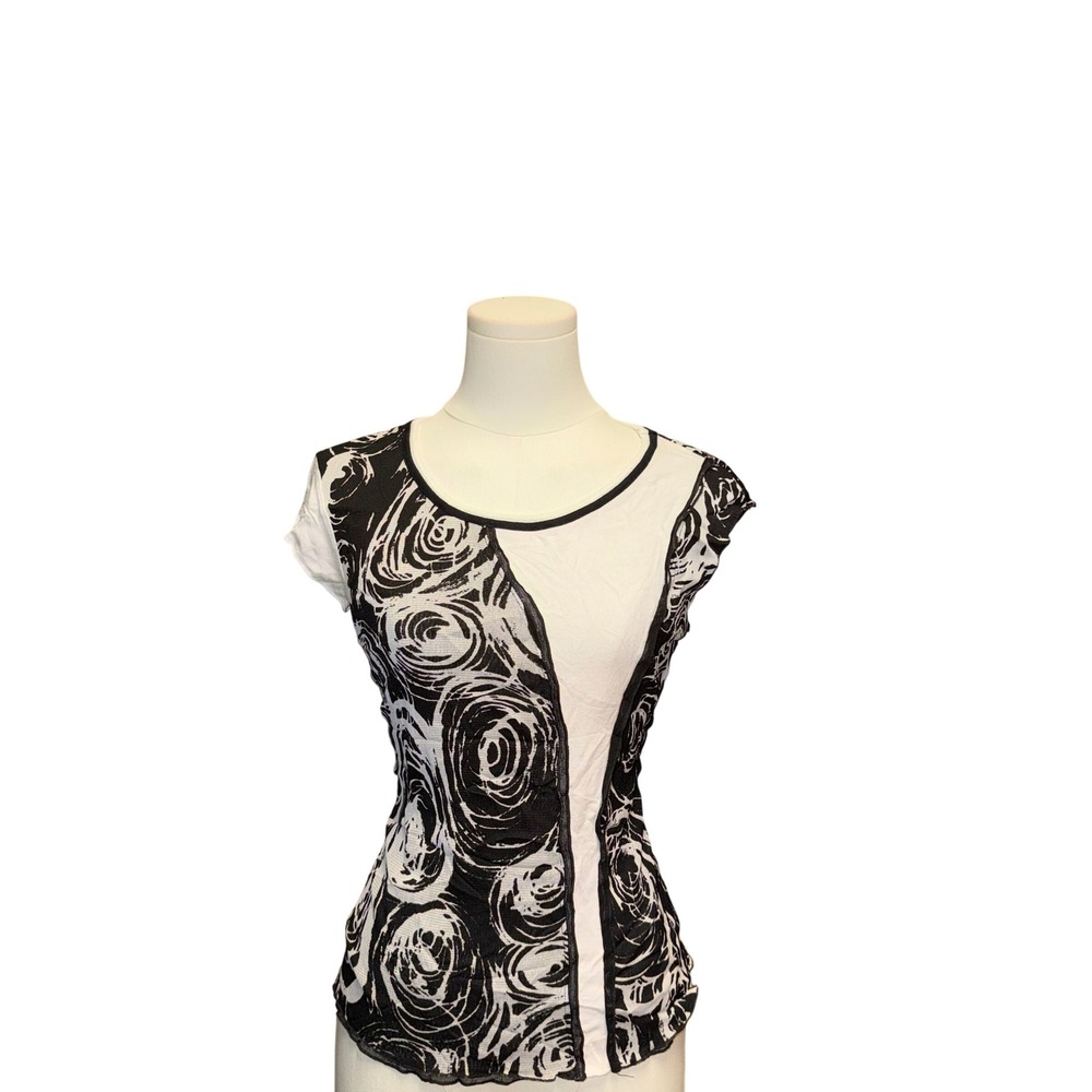Elisa Cavaletti Top Womens Small Black White Excellent Rose Print Lettuce Edge